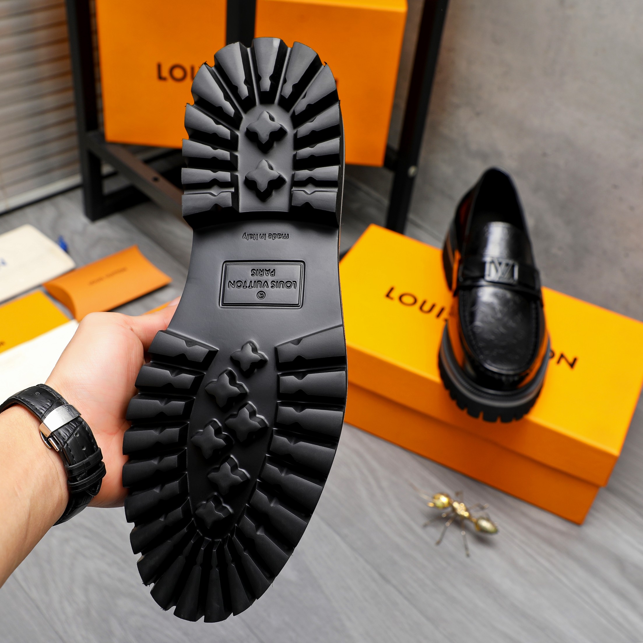 Louis Vuitton Black Leather Monogram Embossed Slip-On Loafers Shoes 8 a1744098644417 7567