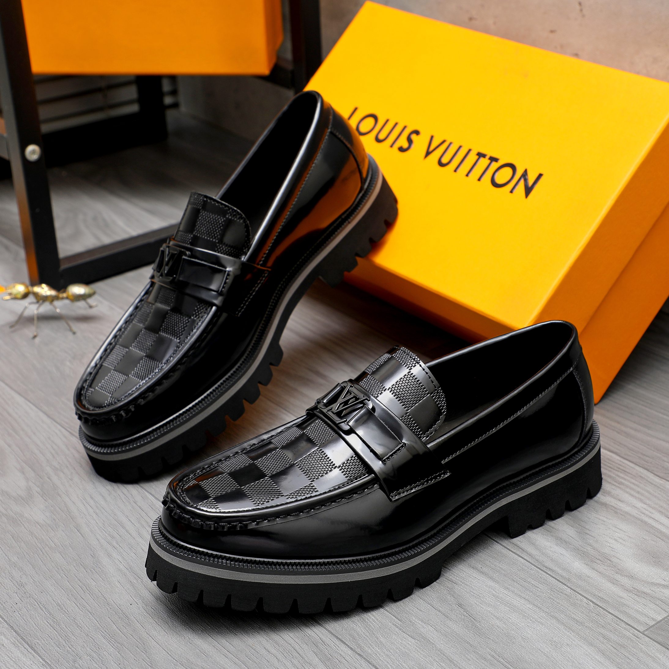 Louis Vuitton Men's Black Leather Damier Loafers Slip-Ons Dress Shoes 3 a1744098849242 1615