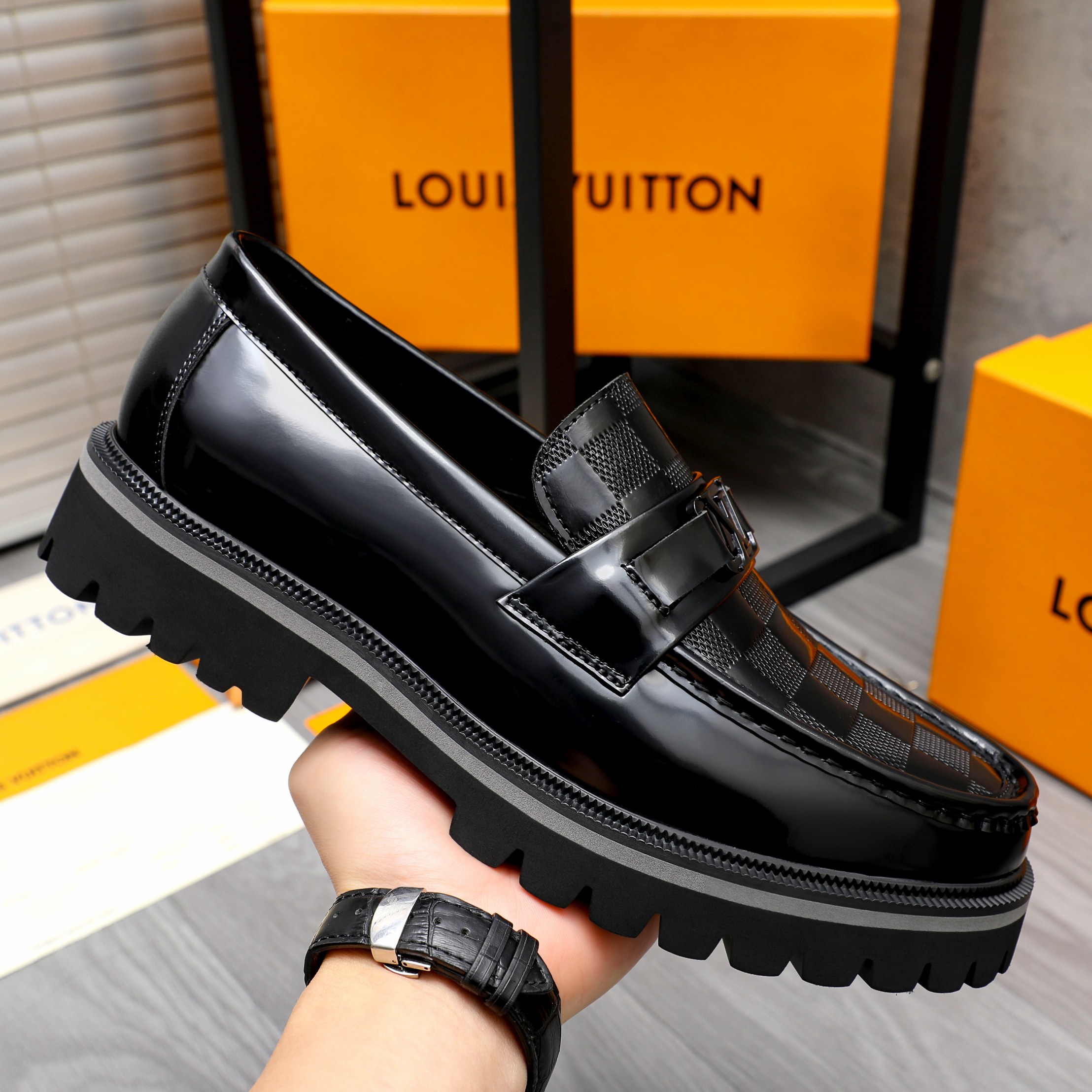 Louis Vuitton Men's Black Leather Damier Loafers Slip-Ons Dress Shoes 7 a1744098850502 5661