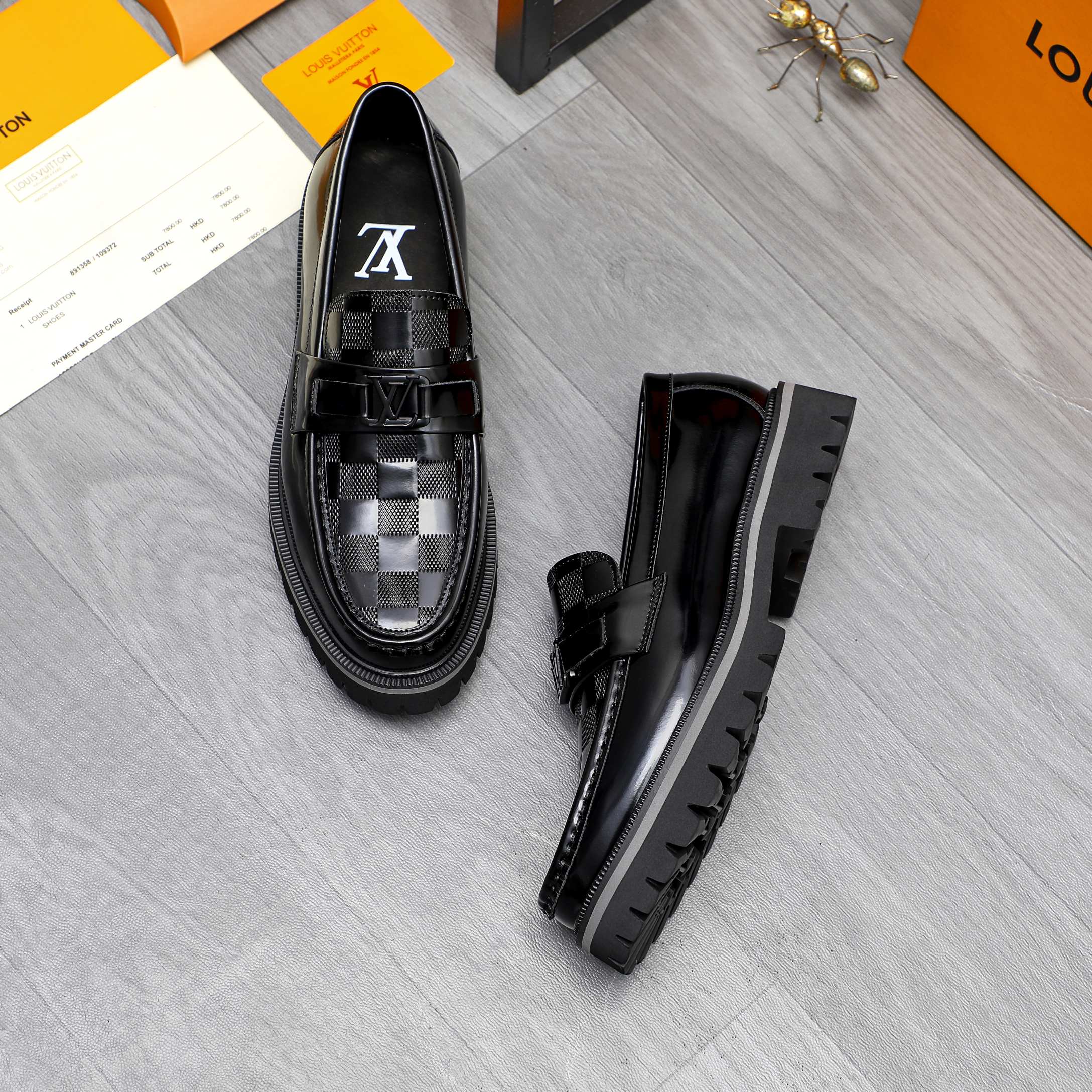 Louis Vuitton Men's Black Leather Damier Loafers Slip-Ons Dress Shoes 4 a1744098850884 1410