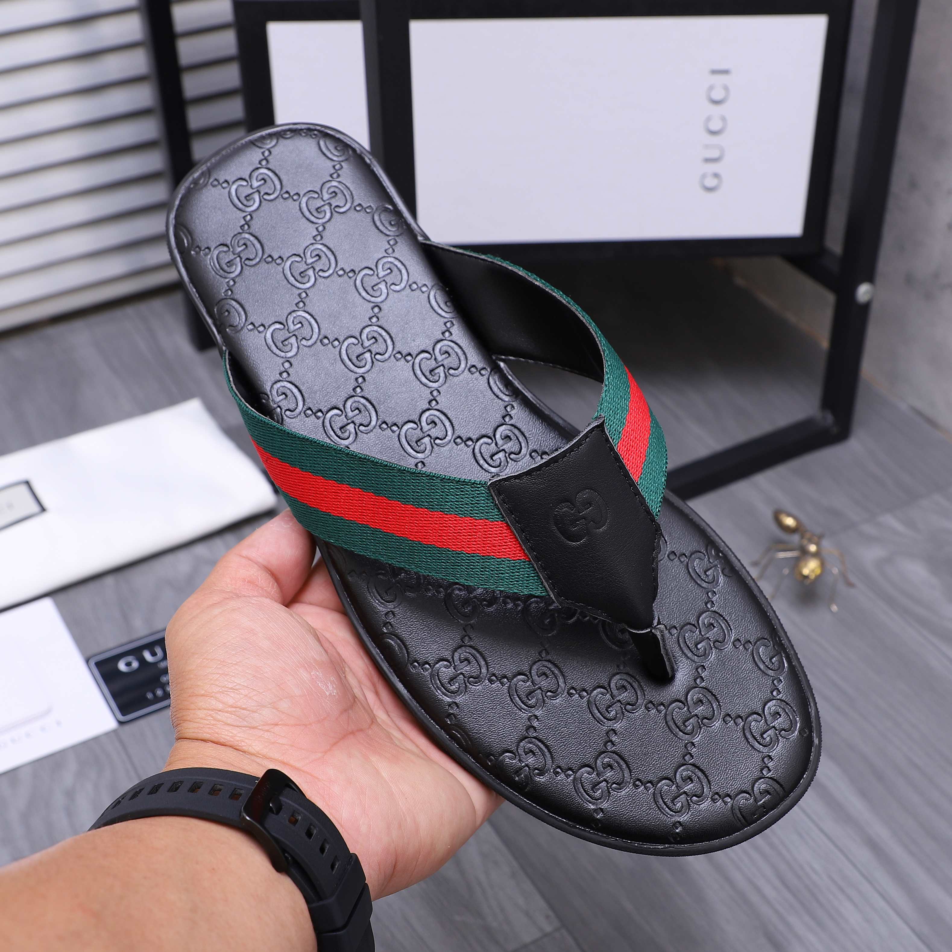 Gucci Men's Leather Thong Sandals Slides Black Summer Beach Shoes 8 a1744355165123 2016
