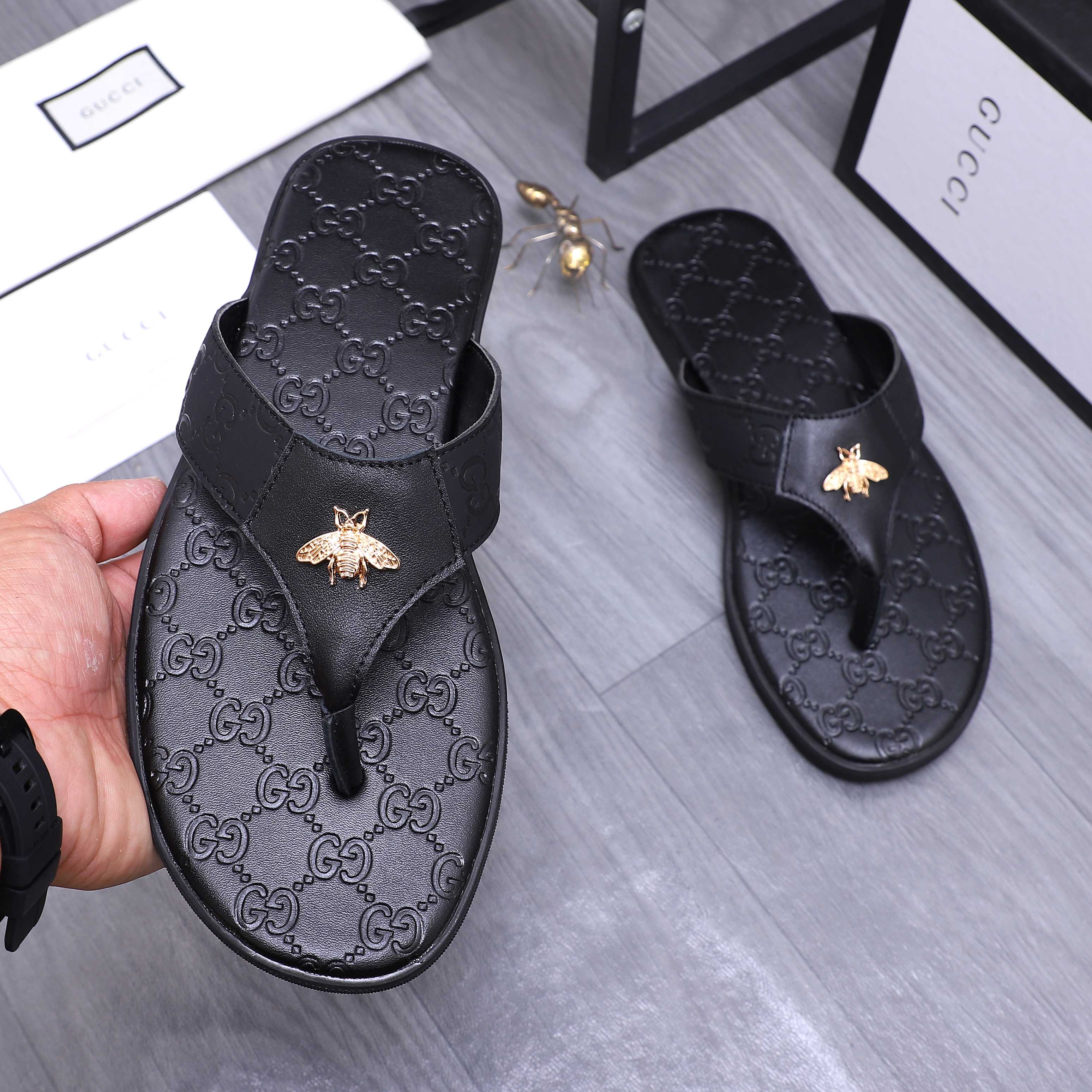 Gucci Embossed Leather Thong Sandals with Iconic Logo and Bee Details 6 a1744355537219 4115
