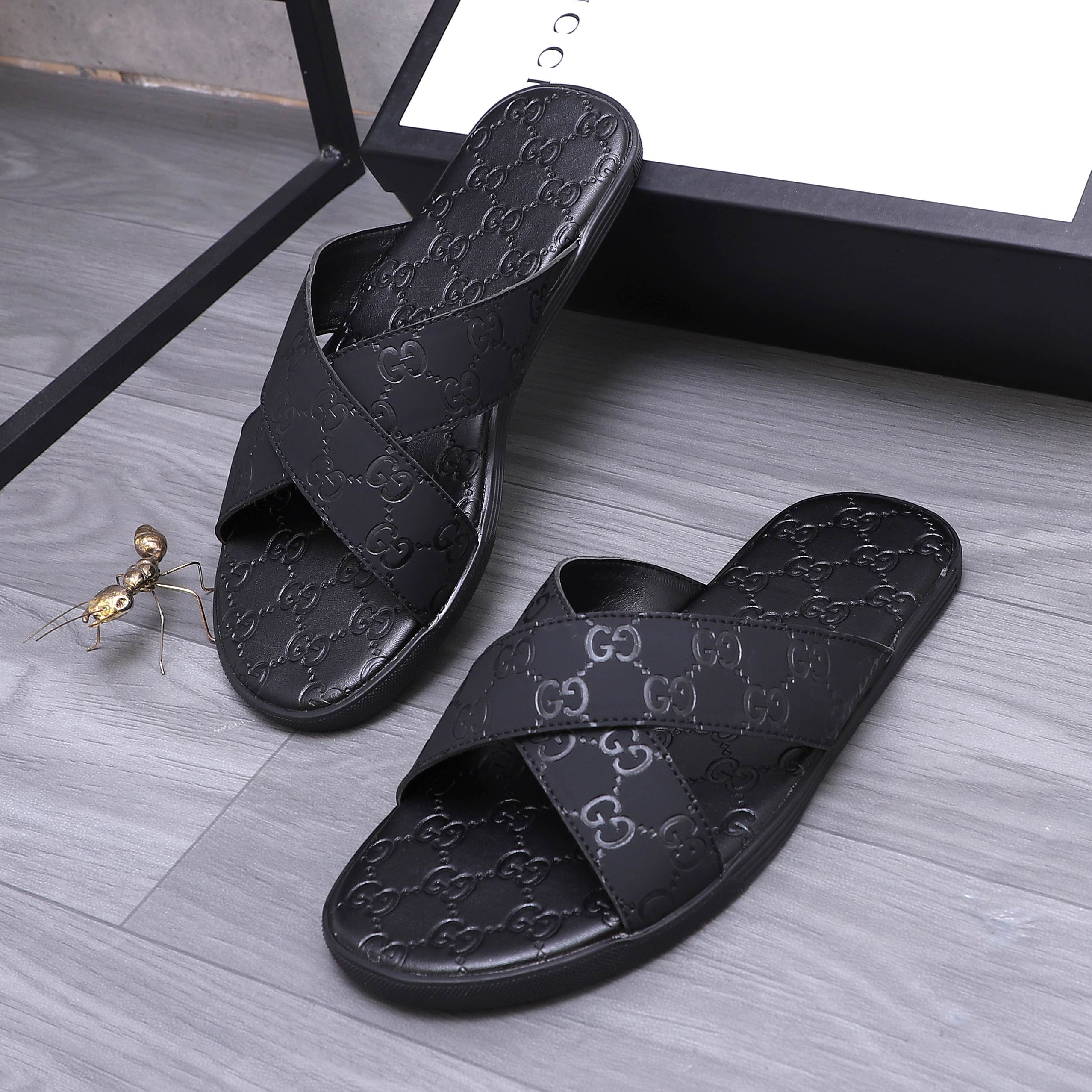 Gucci Men's Black Leather GG Embossed Cross Strap Slide Sandals 4 a1744356078454 5537