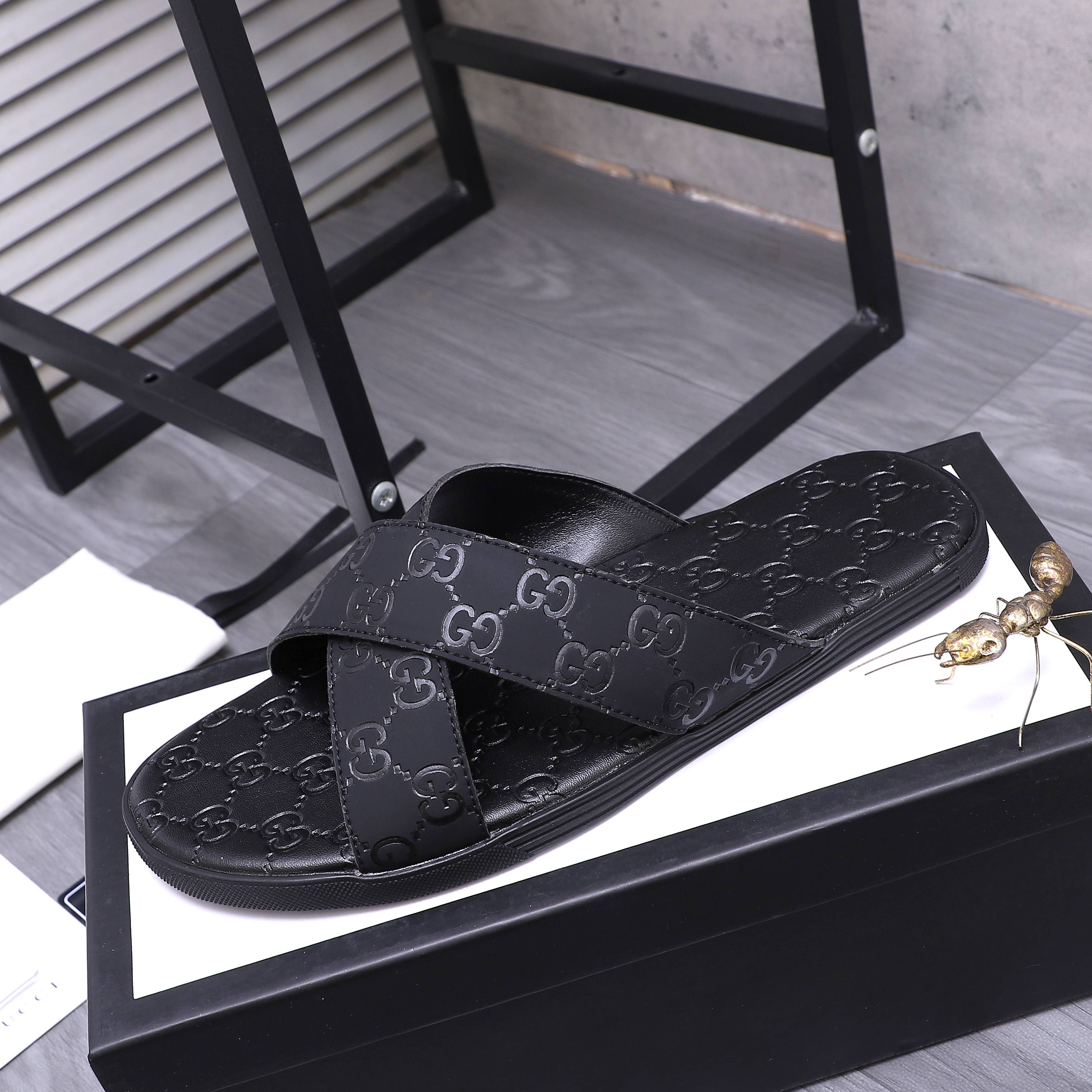 Gucci Men's Black Leather GG Embossed Cross Strap Slide Sandals 6 a1744356078597 3168
