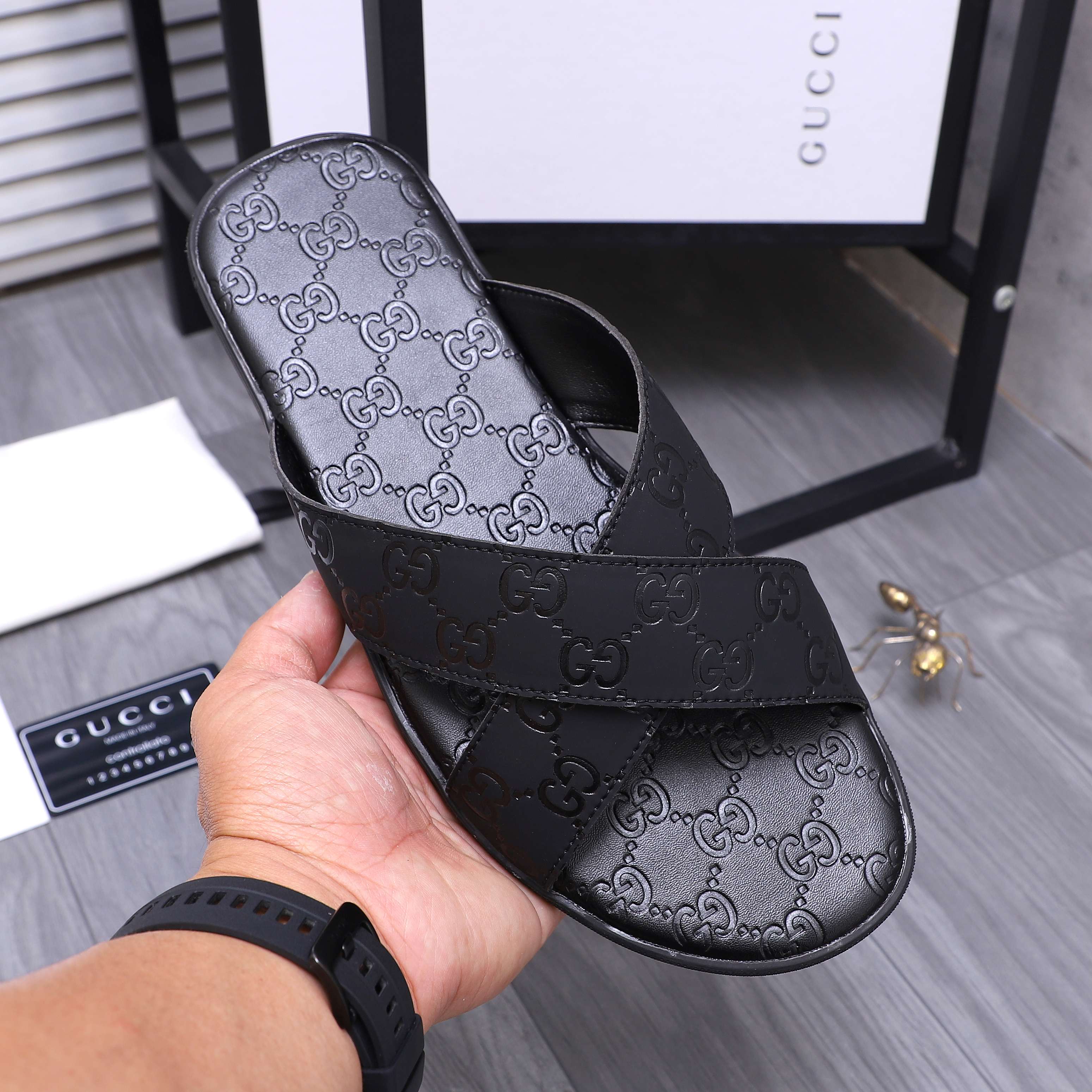 Gucci Men's Black Leather GG Embossed Cross Strap Slide Sandals 7 a1744356079015 2482