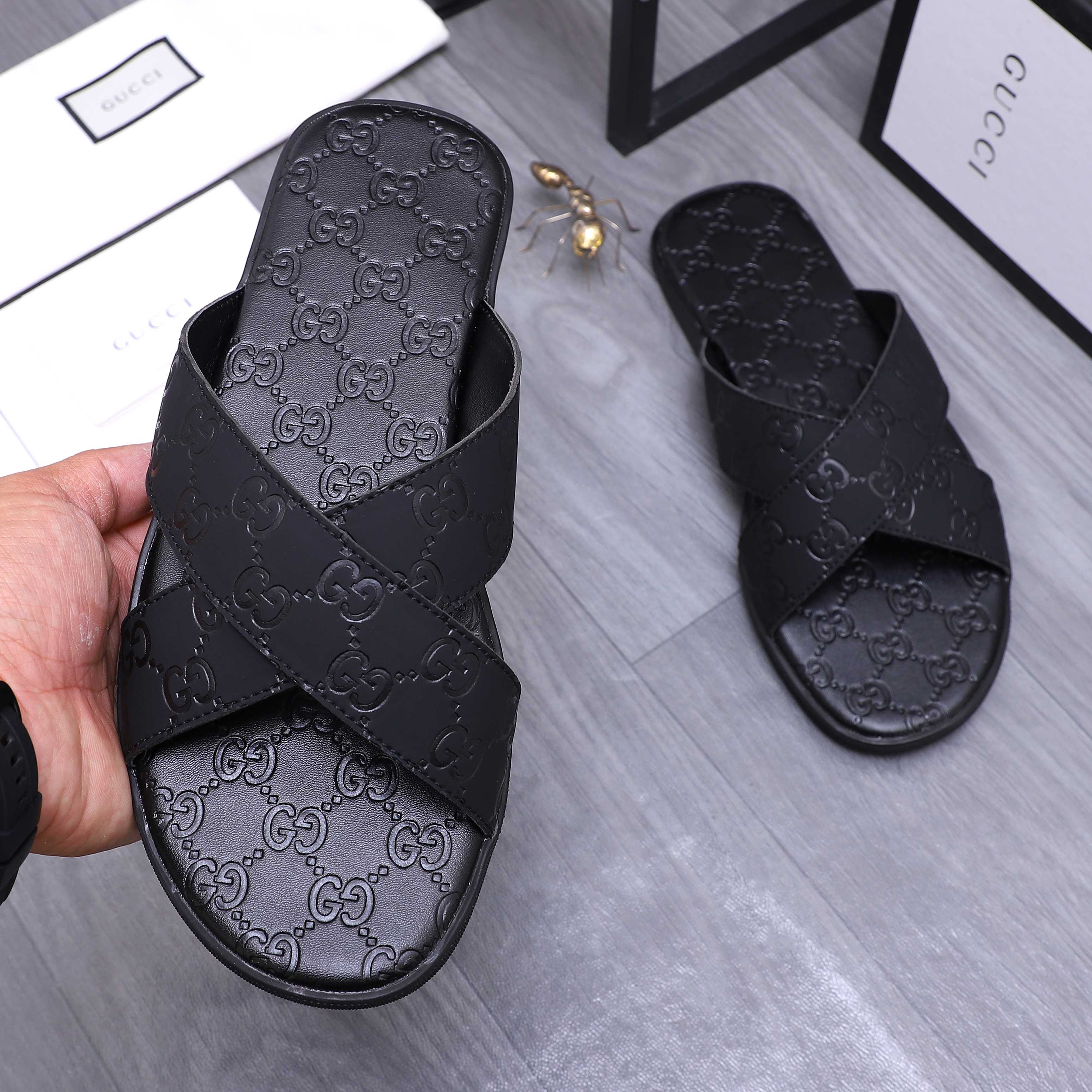 Gucci Men's Black Leather GG Embossed Cross Strap Slide Sandals 5 a1744356079273 8016