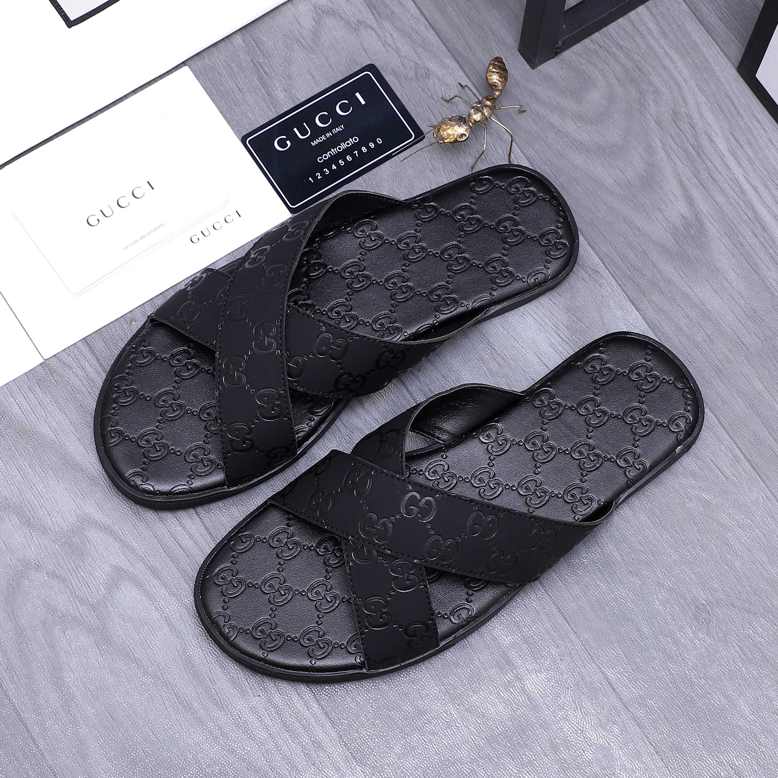 Gucci Men's Black Leather GG Embossed Cross Strap Slide Sandals 3 a1744356081016 3547