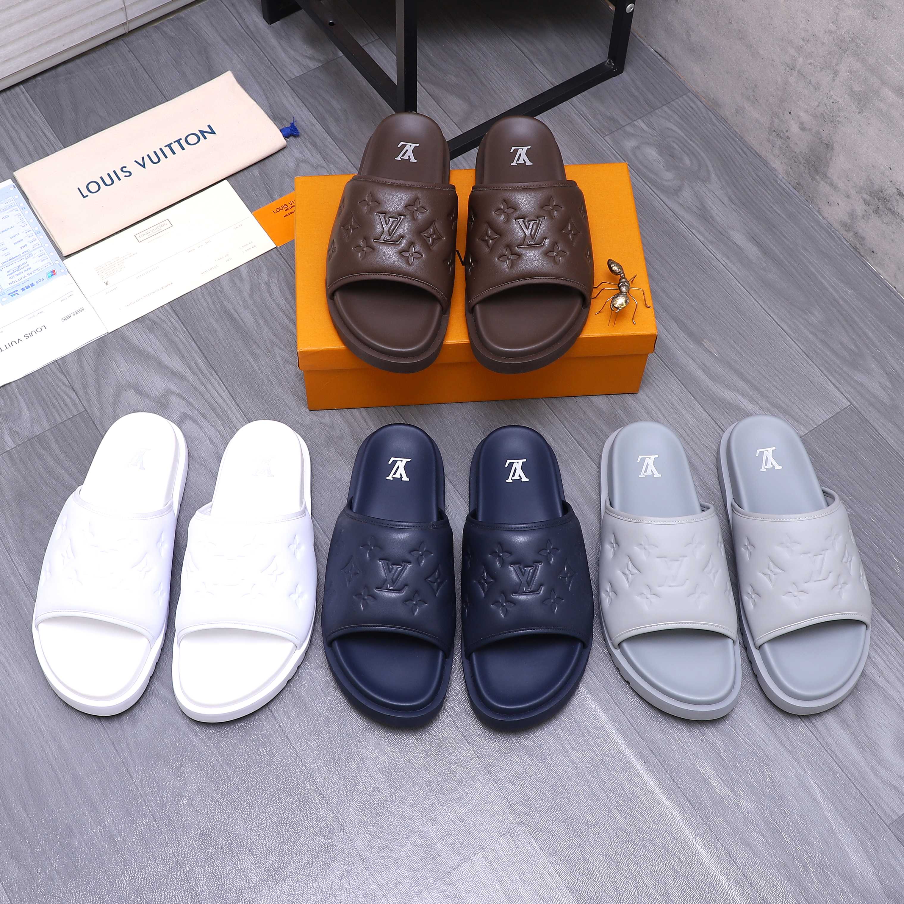 Louis Vuitton Men's Embossed Leather Slide Sandals - Sizes 38-45 1 Louis Vuitton Men's Embossed Leather Slide Sandals - Sizes 38-45