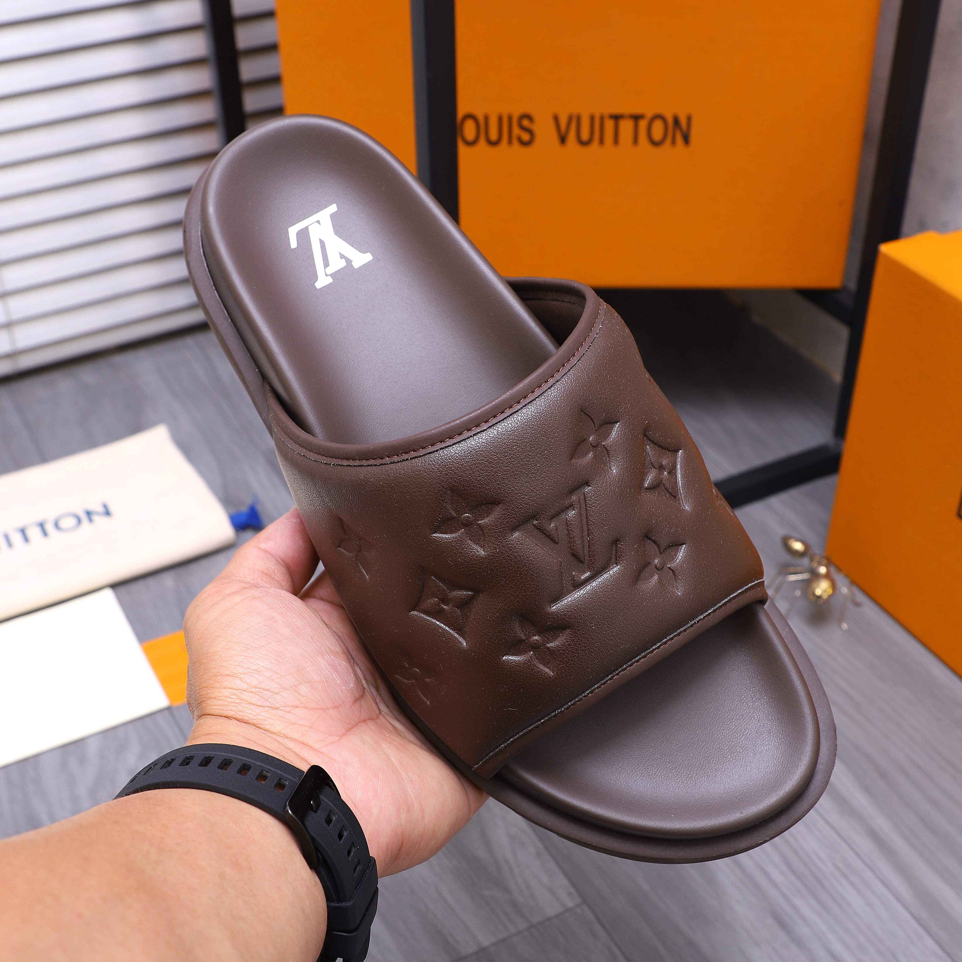 Louis Vuitton Men's Embossed Leather Slide Sandals, Comfortable & Stylish 8 a1744769402924 8168
