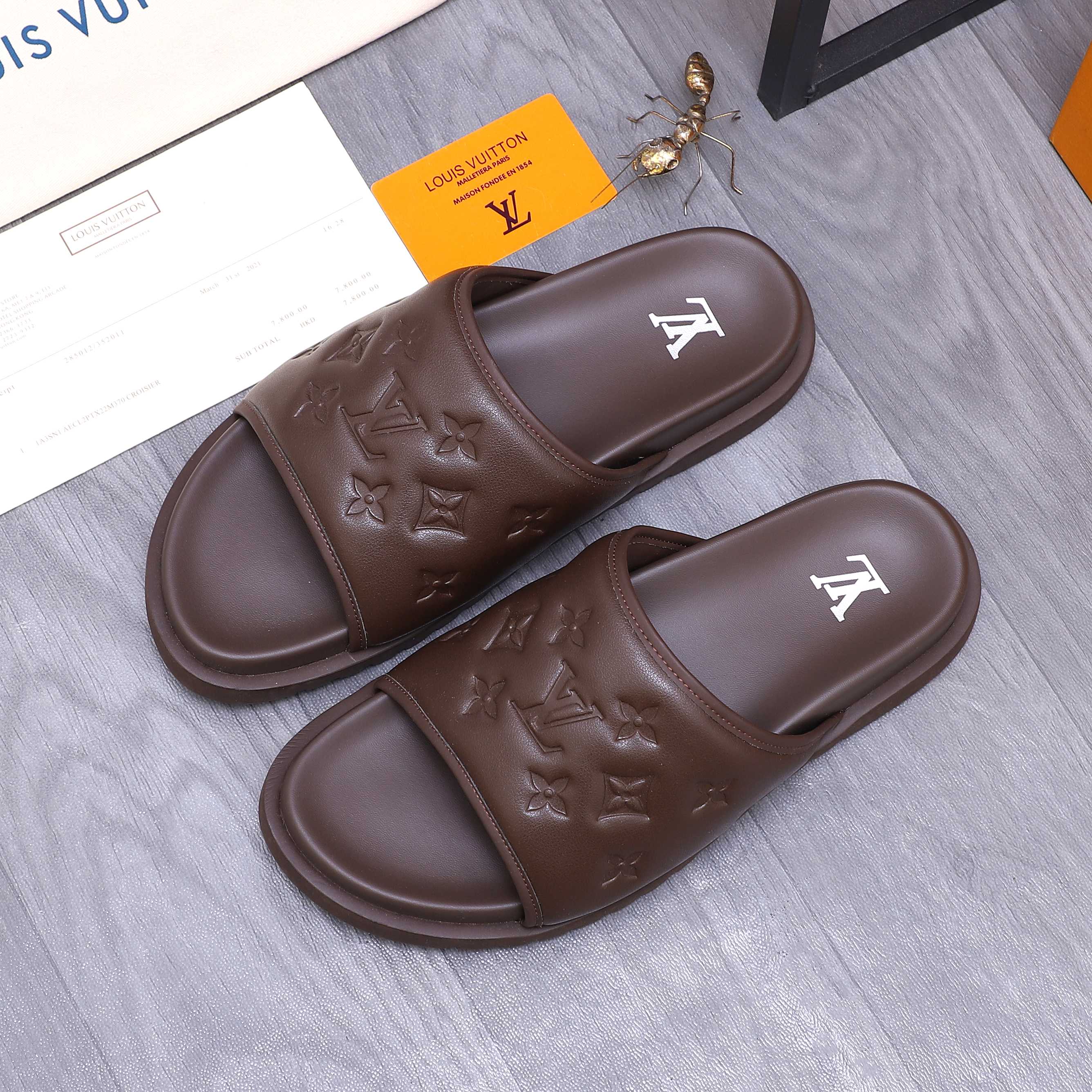 Louis Vuitton Men's Embossed Leather Slide Sandals, Comfortable & Stylish 4 a1744769402924 8558