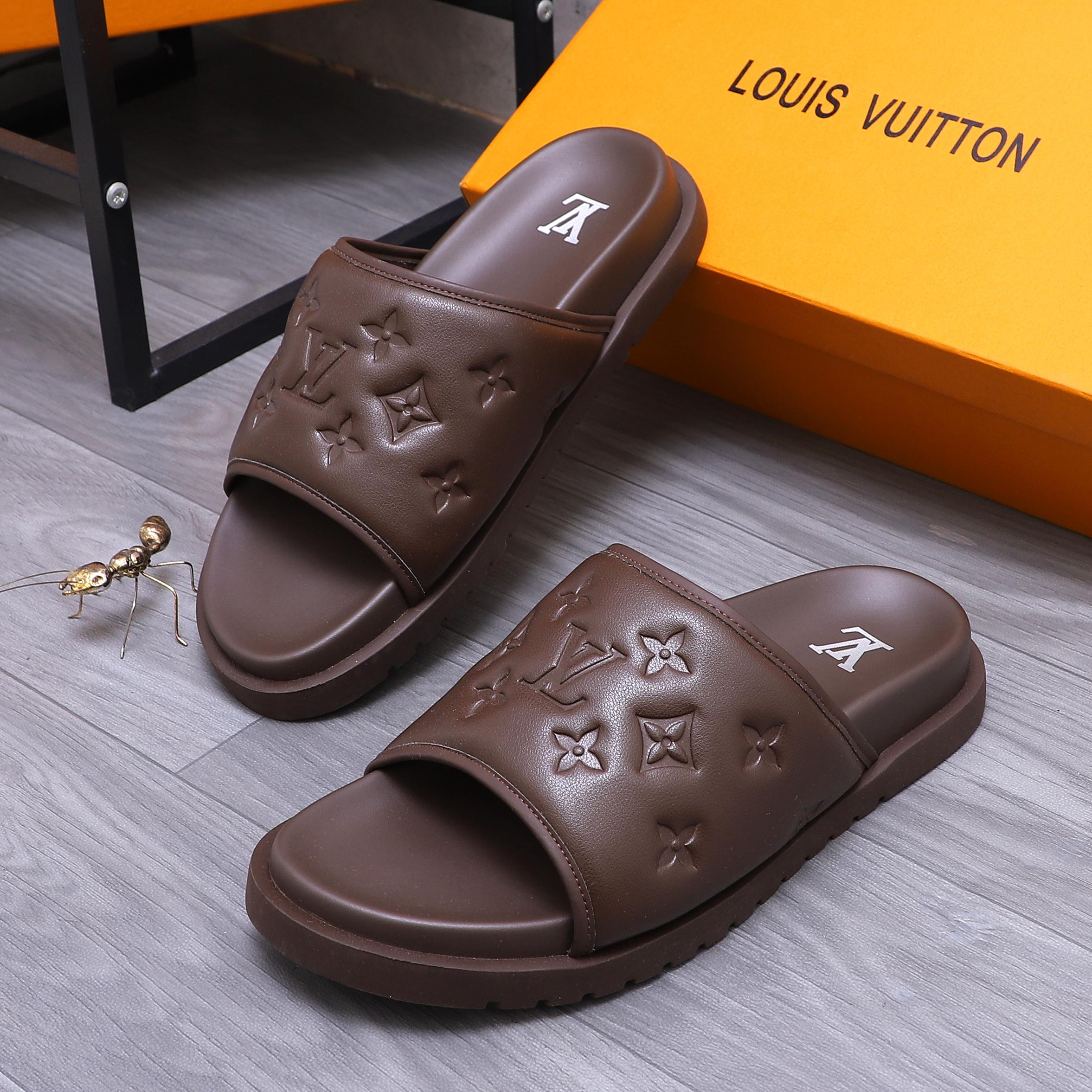Louis Vuitton Men's Embossed Leather Slide Sandals, Comfortable & Stylish 5 a1744769404337 2450