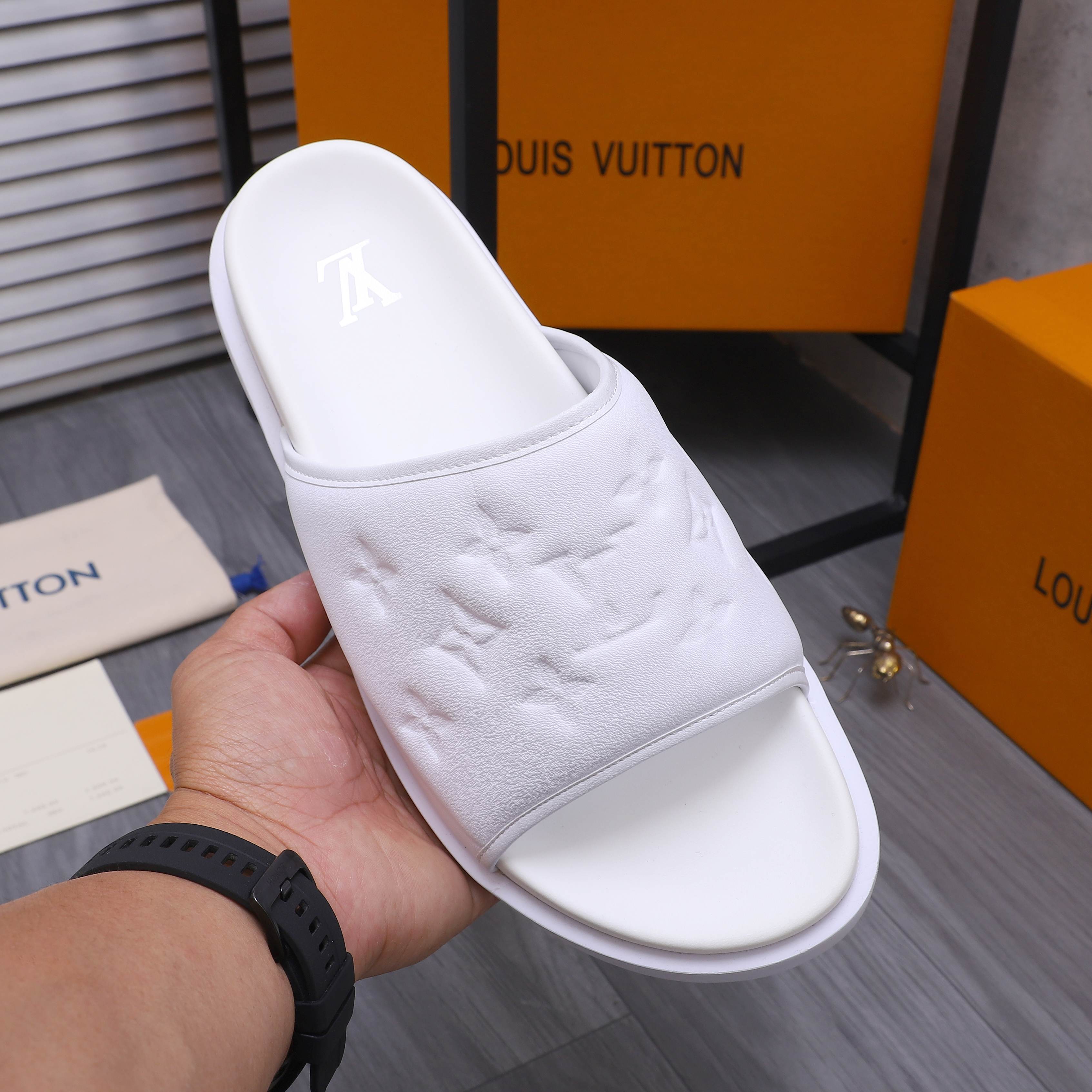 Louis Vuitton Men's Classic Embossed Leather Slides Sandals, Multiple Colors 8 a1744769801883 1331