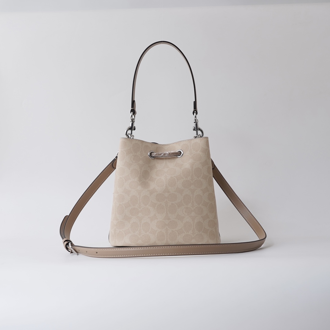 Coach 纯 Coach 蔻驰 CBH07 Rowan系列抽绳单肩斜挎水桶包 子母包 老花配牛皮材质