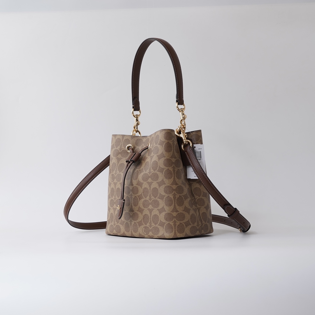 Coach 纯 Coach 蔻驰 CBH07 Rowan系列抽绳单肩斜挎水桶包 子母包 老花配牛皮材质