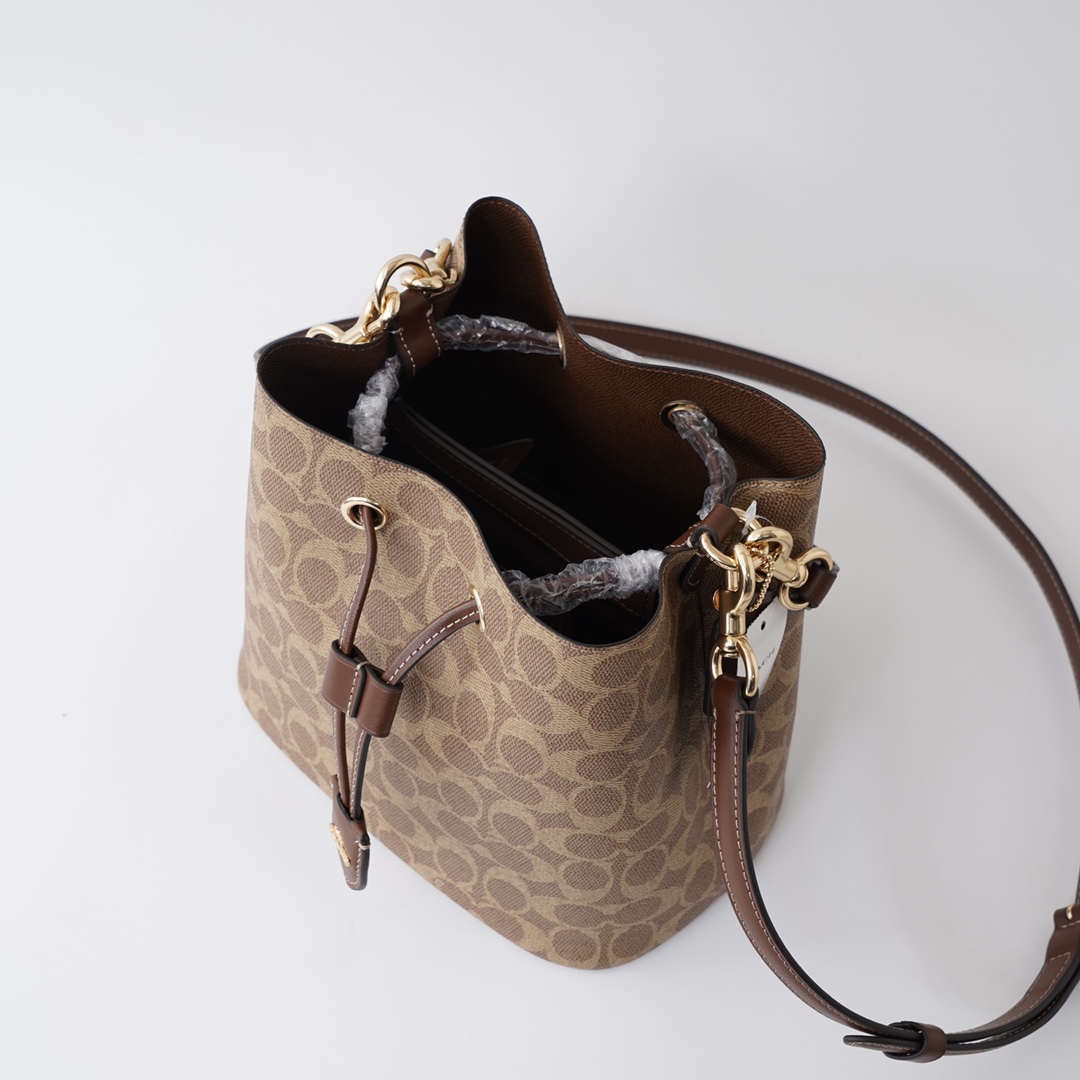 Coach 纯 Coach 蔻驰 CBH07 Rowan系列抽绳单肩斜挎水桶包 子母包 老花配牛皮材质
