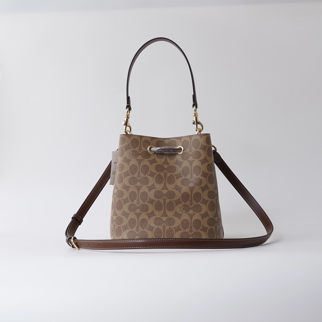 Coach 纯 Coach 蔻驰 CBH07 Rowan系列抽绳单肩斜挎水桶包 子母包 老花配牛皮材质