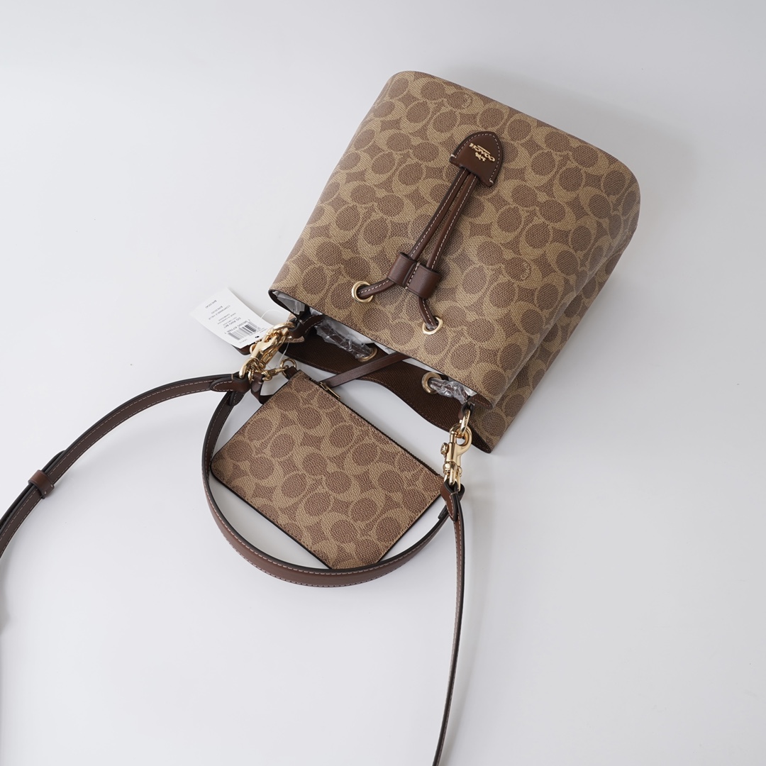 Coach 纯 Coach 蔻驰 CBH07 Rowan系列抽绳单肩斜挎水桶包 子母包 老花配牛皮材质