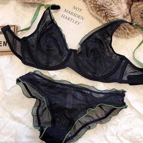 Sheer Mesh Lingerie Set - Deep V Bra and Ruffle Trim Panties 1 Sheer Mesh Lingerie Set - Deep V Bra and Ruffle Trim Panties