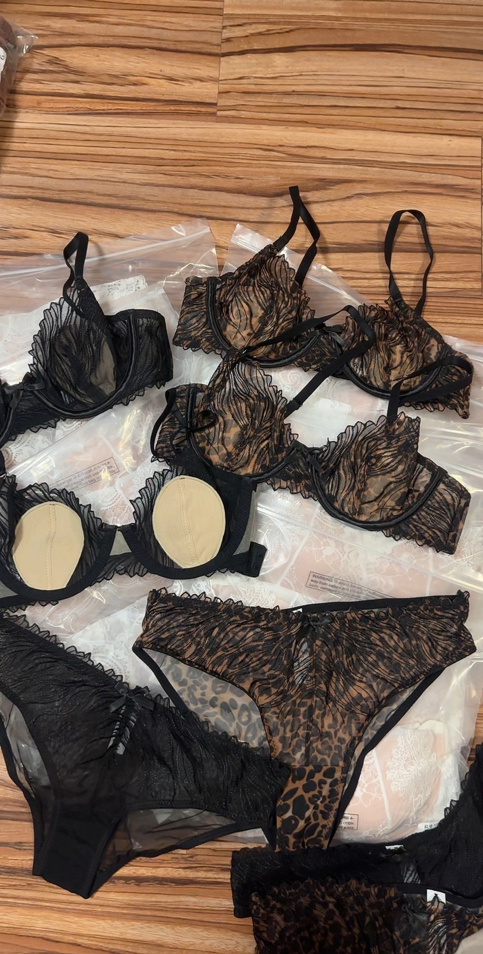 Lace Bra and Panty Set - Black & Leopard Print Lingerie Set, Soft Cup Lingerie