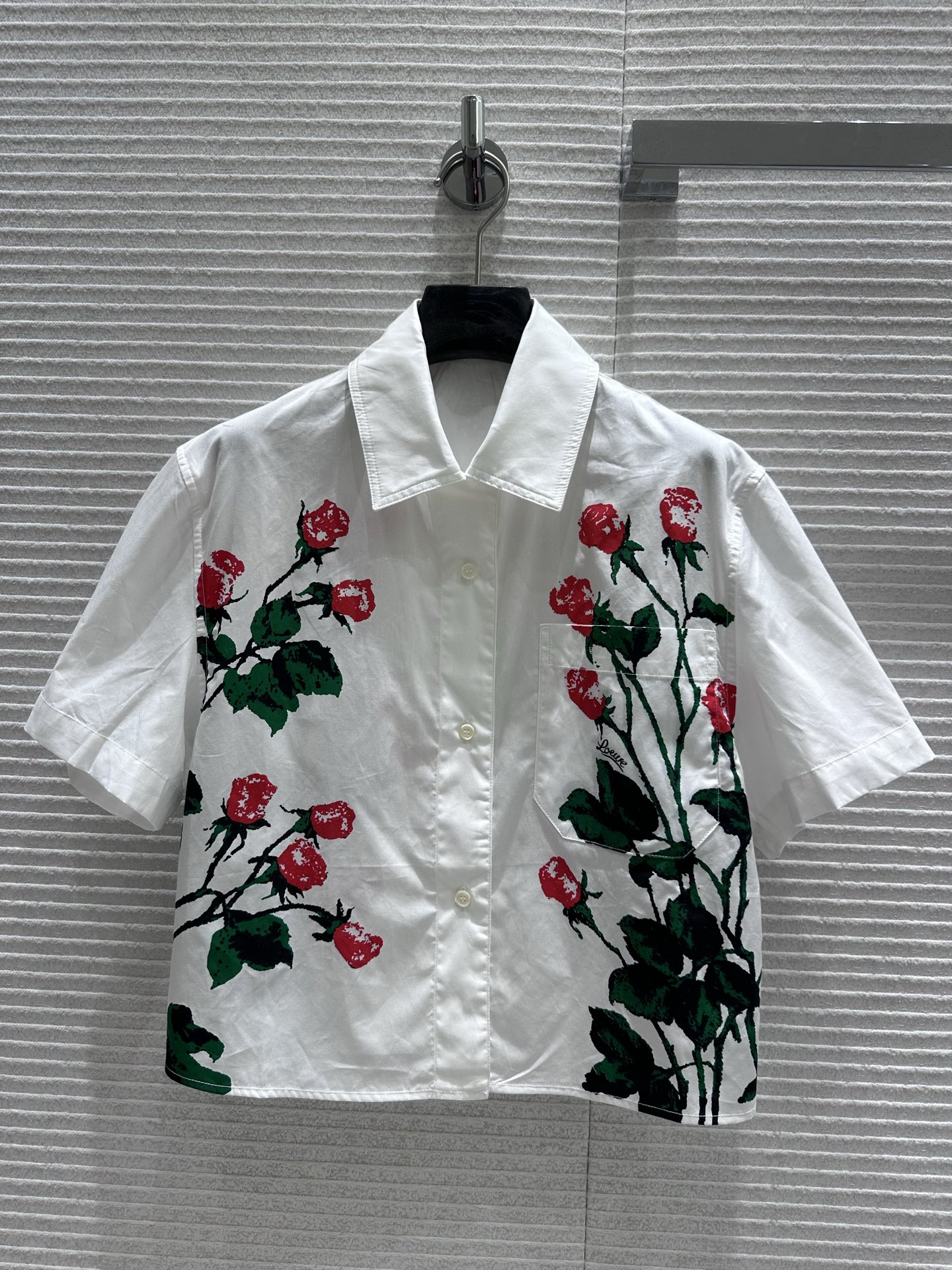 Loewe Women's White Short Sleeve Shirt with Rose Print, Elegant Summer Top