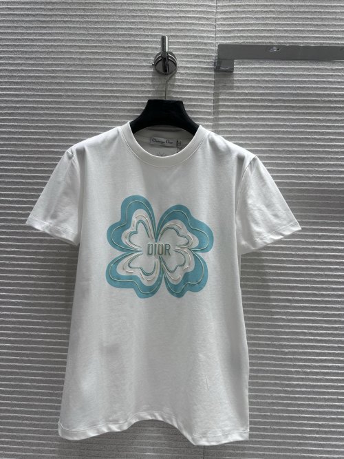 Dior White Cotton T-Shirt with Blue Flower Embroidery - Elegant & Cool
