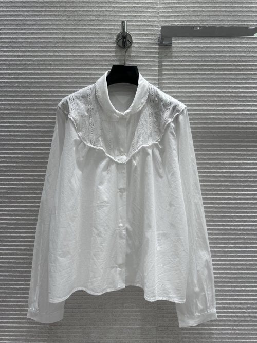 Prada Women's White Cotton Blend Lace Trim Long Sleeve Shirt 1 Prada Women's White Cotton Blend Lace Trim Long Sleeve Shirt