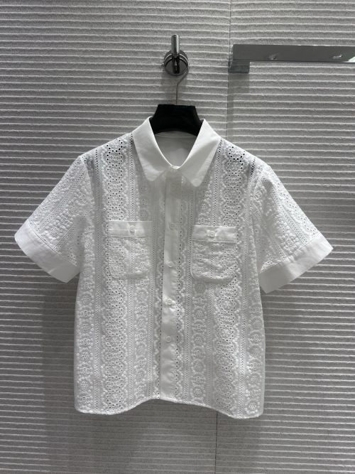 CELINE Women's White Cotton Embroidered Short Sleeve Shirt 1 CELINE Women's White Cotton Embroidered Short Sleeve Shirt