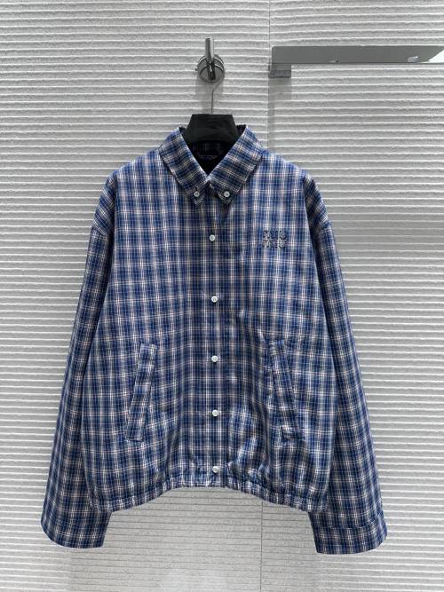 Miu Miu-Inspired Blue Plaid Jacket, Oversized Fit, Embroidered Logo 1 Miu Miu-Inspired Blue Plaid Jacket, Oversized Fit, Embroidered Logo