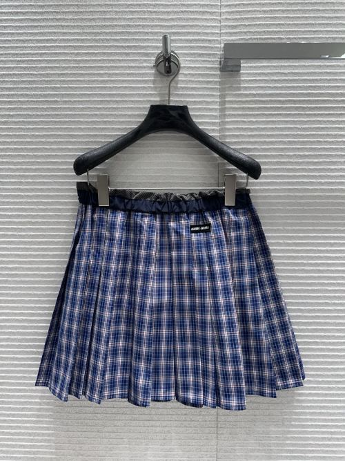 Miu Miu Inspired Blue Plaid Pleated Mini Skirt with Embroidered Logo, Cotton Blend 1 Miu Miu Inspired Blue Plaid Pleated Mini Skirt with Embroidered Logo, Cotton Blend