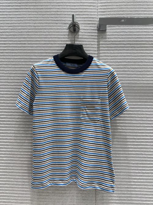 Prada Striped Cotton T-Shirt - Blue, Brown, White - Slim Fit 1 Prada Striped Cotton T-Shirt - Blue, Brown, White - Slim Fit
