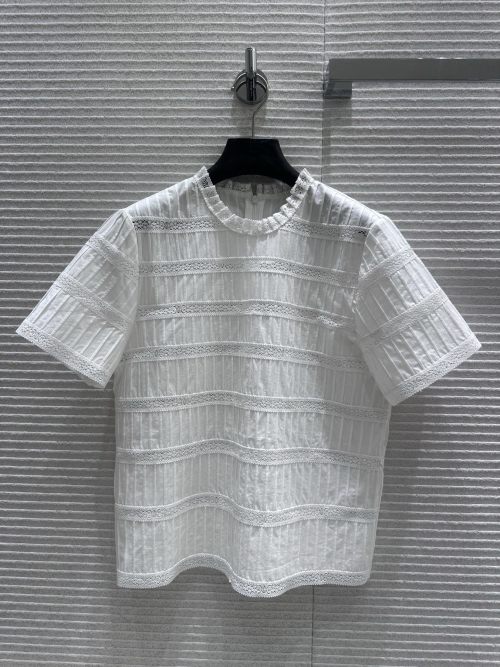 Celine White Lace Inset Cotton Blend Top Short Sleeve Summer 1 Celine White Lace Inset Cotton Blend Top Short Sleeve Summer