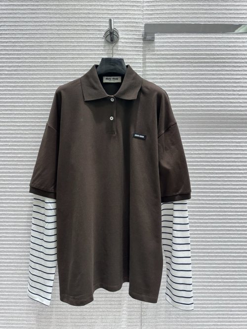 Miu Miu Two-Piece Color Block Polo Shirt, Striped Long Sleeve, Cotton Blend 1 Miu Miu Two-Piece Color Block Polo Shirt, Striped Long Sleeve, Cotton Blend