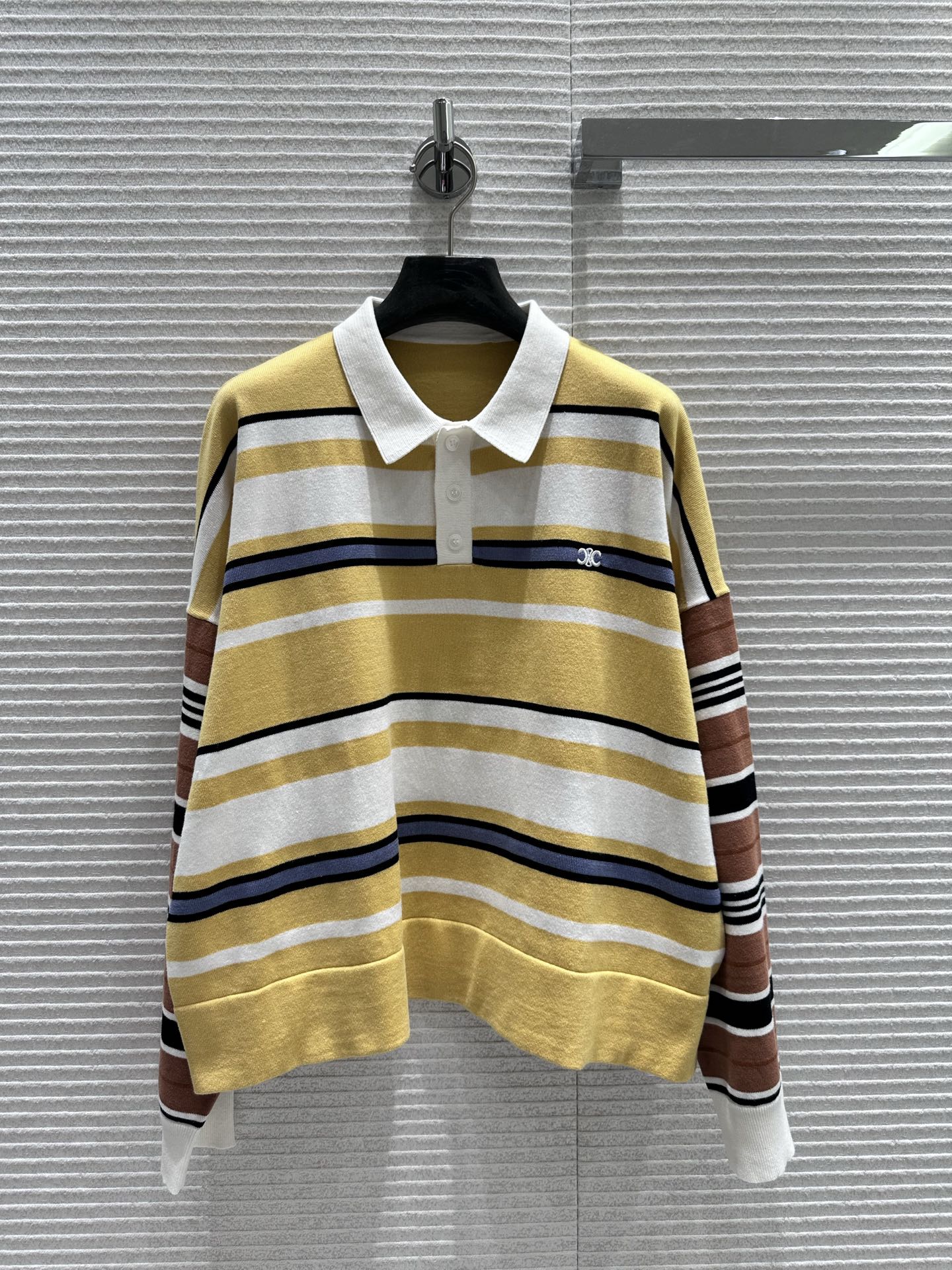 Striped Polo Collar Knit Sweater,Long Sleeve Pullover Top for Women