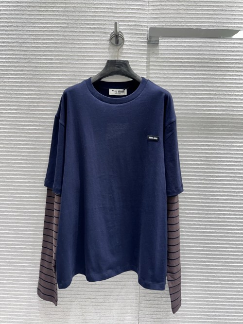 Miu Miu Two-Tone Long Sleeve T-Shirt Navy Blue With Brown Stripes 1 Miu Miu Two-Tone Long Sleeve T-Shirt Navy Blue With Brown Stripes
