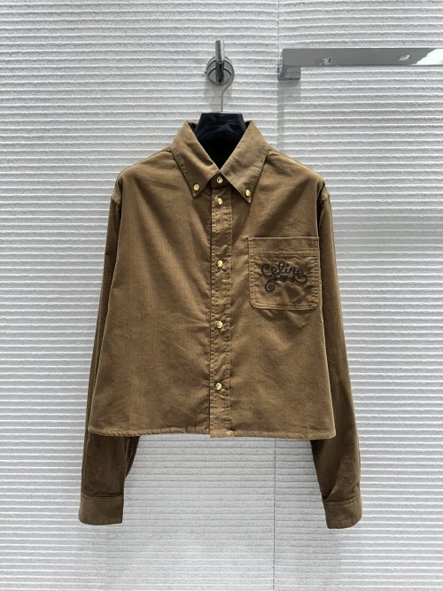 Celine Women's Corduroy Crop Shirt, Long Sleeve Button Down, Brown 30 Celine Women's Corduroy Crop Shirt, Long Sleeve Button Down, Brown
