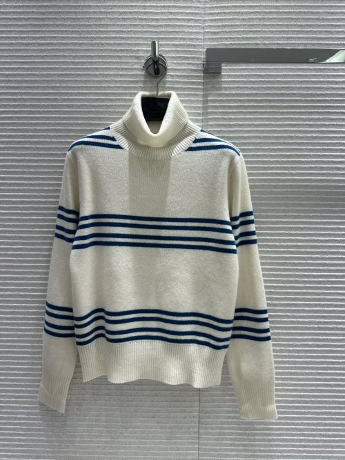 Prada Women's White Turtleneck Wool Sweater with Blue Stripe Design 1 Prada Women's White Turtleneck Wool Sweater with Blue Stripe Design