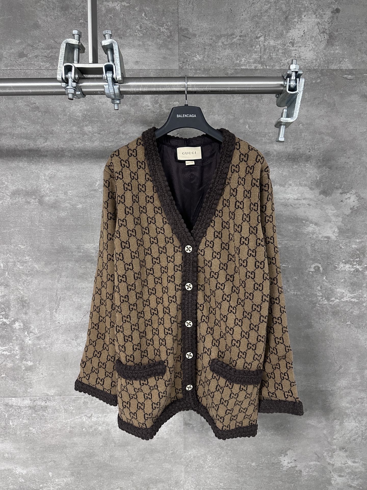 Gucci GG Jacquard Knit Wool Cardigan Sweater Brown