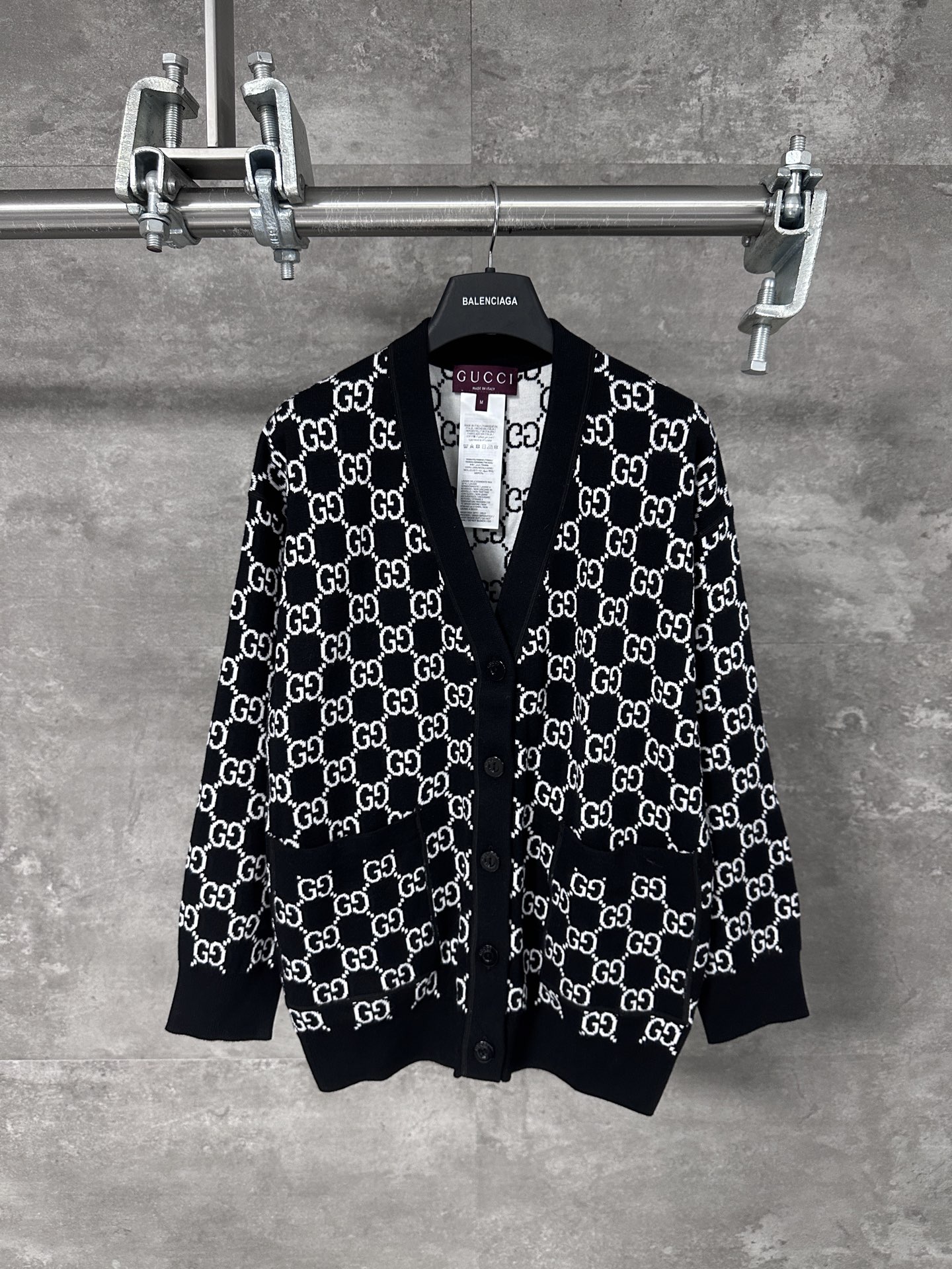 Gucci Black Wool GG Knit Cardigan Sweater with Button Closure - Size S