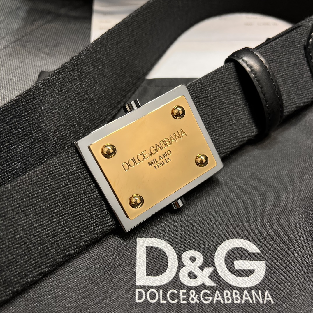 特DG宽3.5cmDolce&Gabbana全新小牛皮细节织物腰带点缀个性化钌电镀金属徽标搭扣.