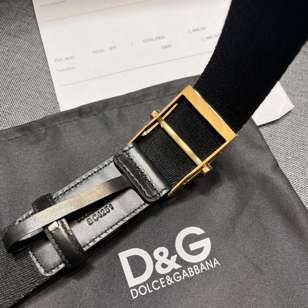 特DG宽3.5cmDolce&Gabbana全新小牛皮细节织物腰带点缀个性化钌电镀金属徽标搭扣.