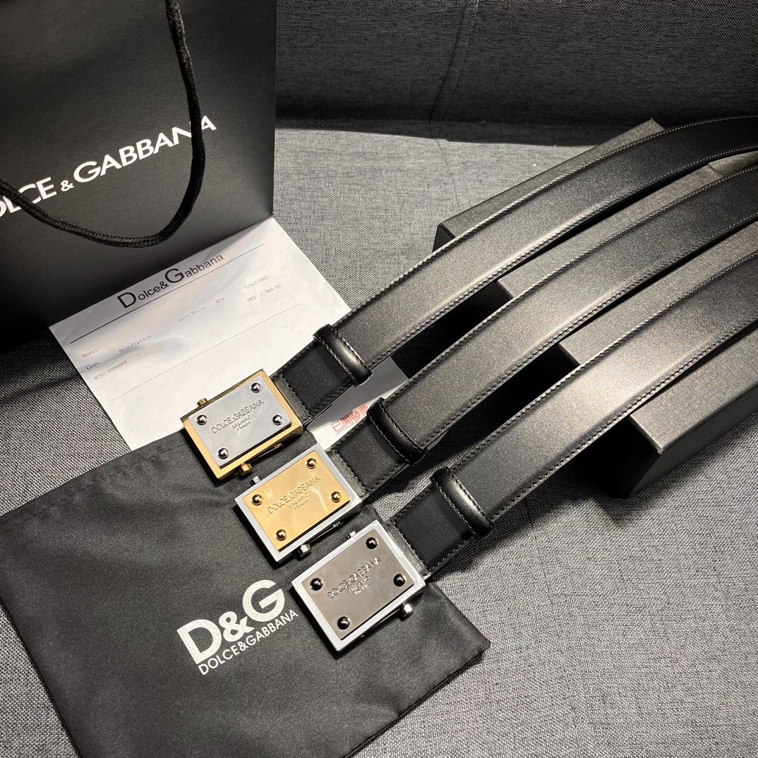 DG宽3.5CMDolce&Gabbana全新小牛皮无孔腰带点缀个性化钌电镀金属徽标搭扣.