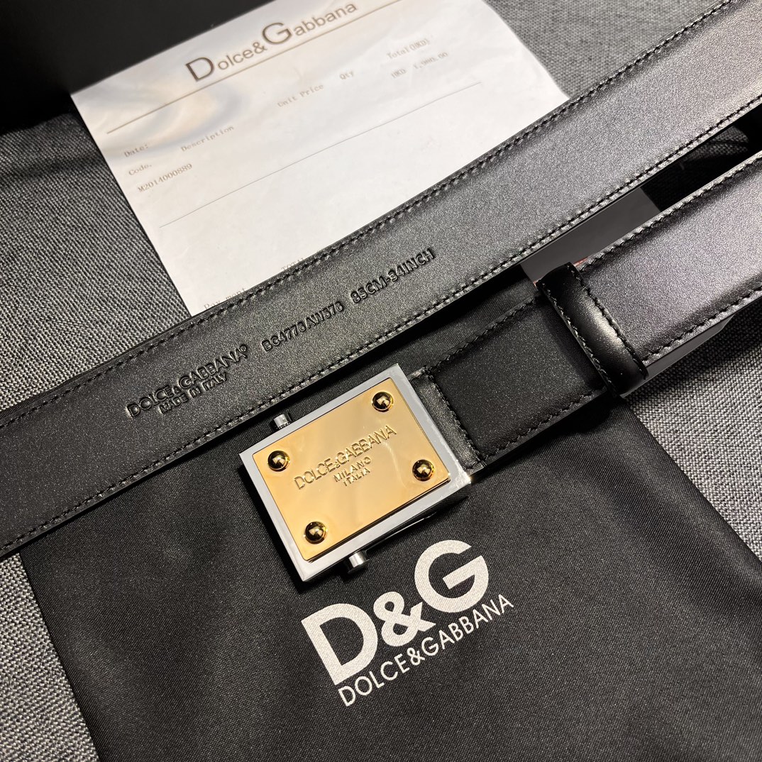 DG宽3.5CMDolce&Gabbana全新小牛皮无孔腰带点缀个性化钌电镀金属徽标搭扣.