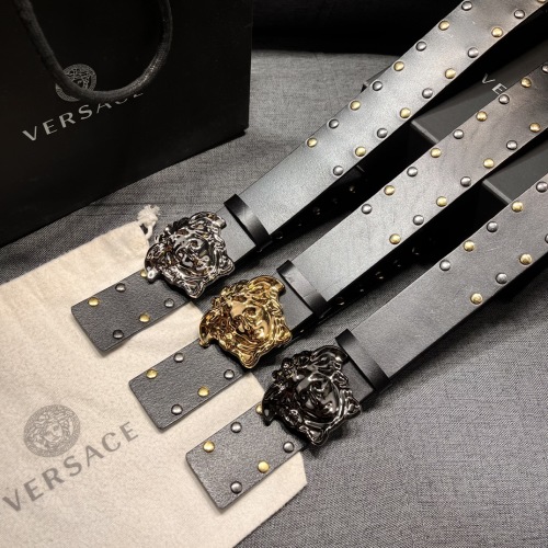 Versace Leather Belt, 4.0cm Wide, with Iconic Medusa Head Buckle, Bicolor Hardware