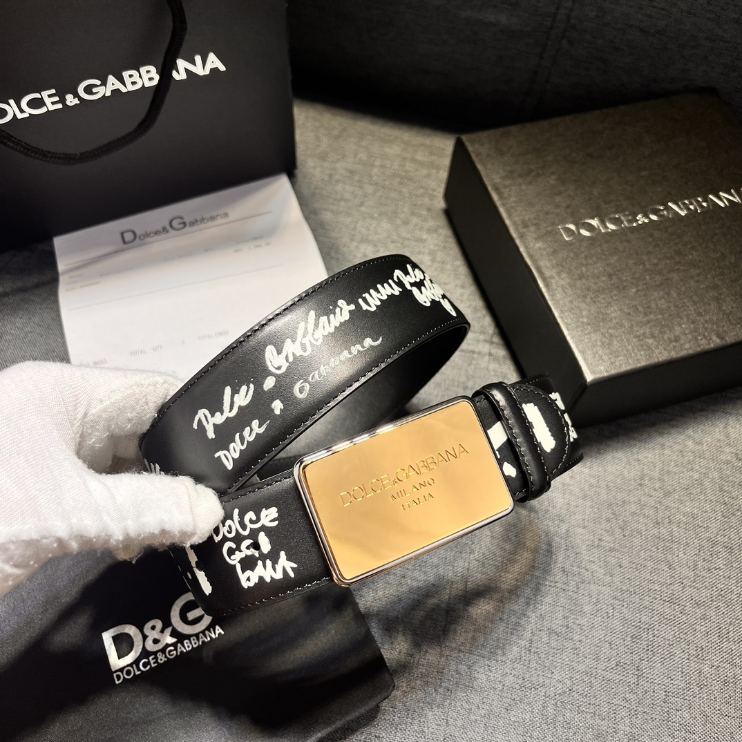 DG宽4.0Dolce&Gabbana新款黑色印花小牛皮腰带摩登干练配饰缀以双色电镀金属DG徽标搭扣