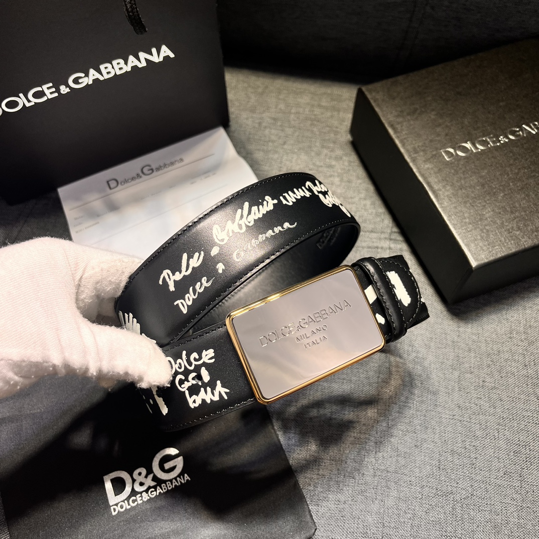 DG宽4.0Dolce&Gabbana新款黑色印花小牛皮腰带摩登干练配饰缀以双色电镀金属DG徽标搭扣