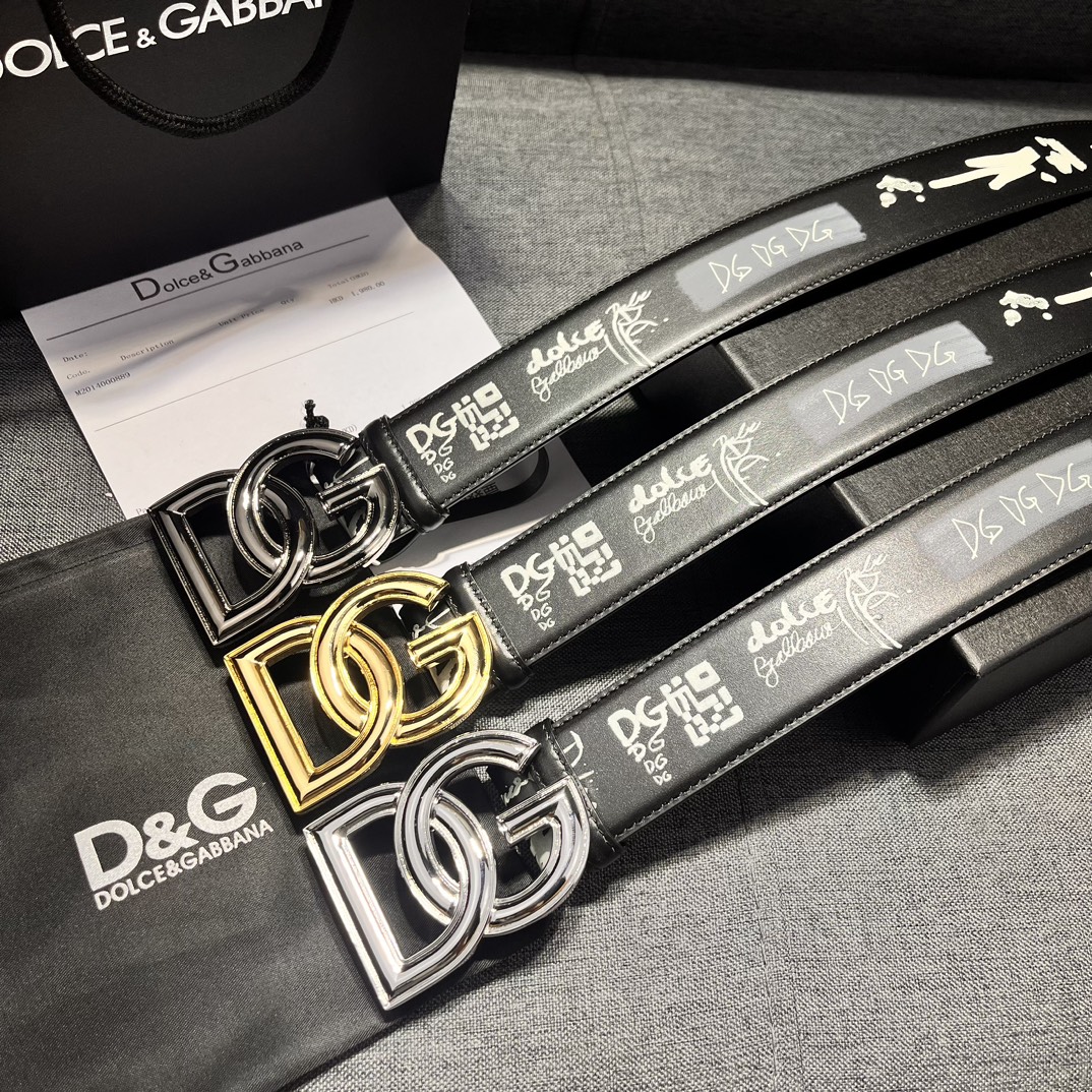 DG宽4.0Dolce&Gabbana新款黑色印花小牛皮腰带摩登干练配饰缀以双色电镀金属DG徽标搭扣