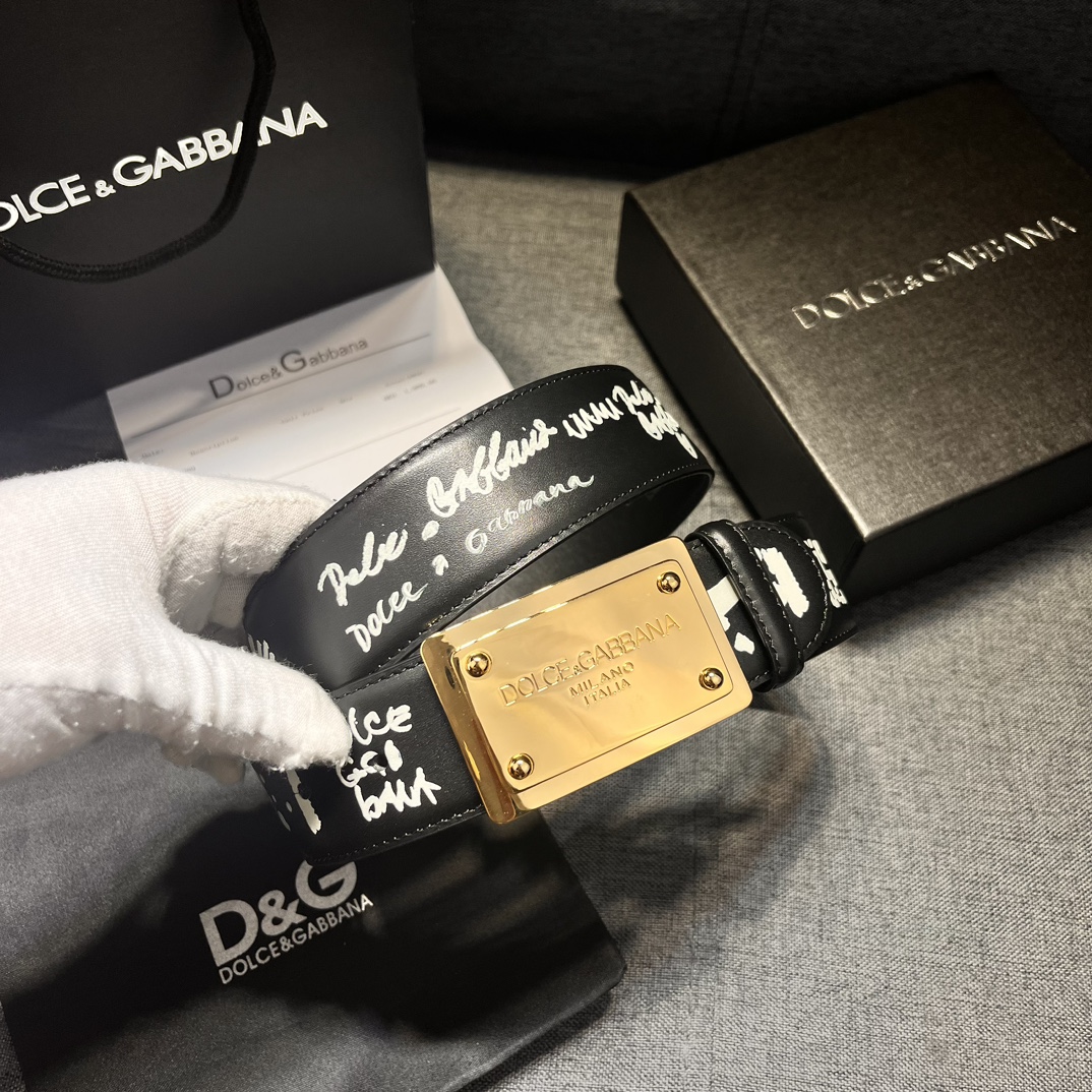 DG宽4.0Dolce&Gabbana新款黑色印花小牛皮腰带摩登干练配饰缀以双色电镀金属DG徽标搭扣