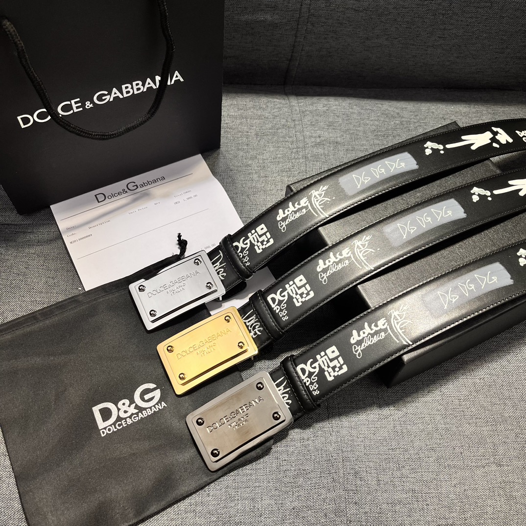 DG宽4.0Dolce&Gabbana新款黑色印花小牛皮腰带摩登干练配饰缀以双色电镀金属DG徽标搭扣