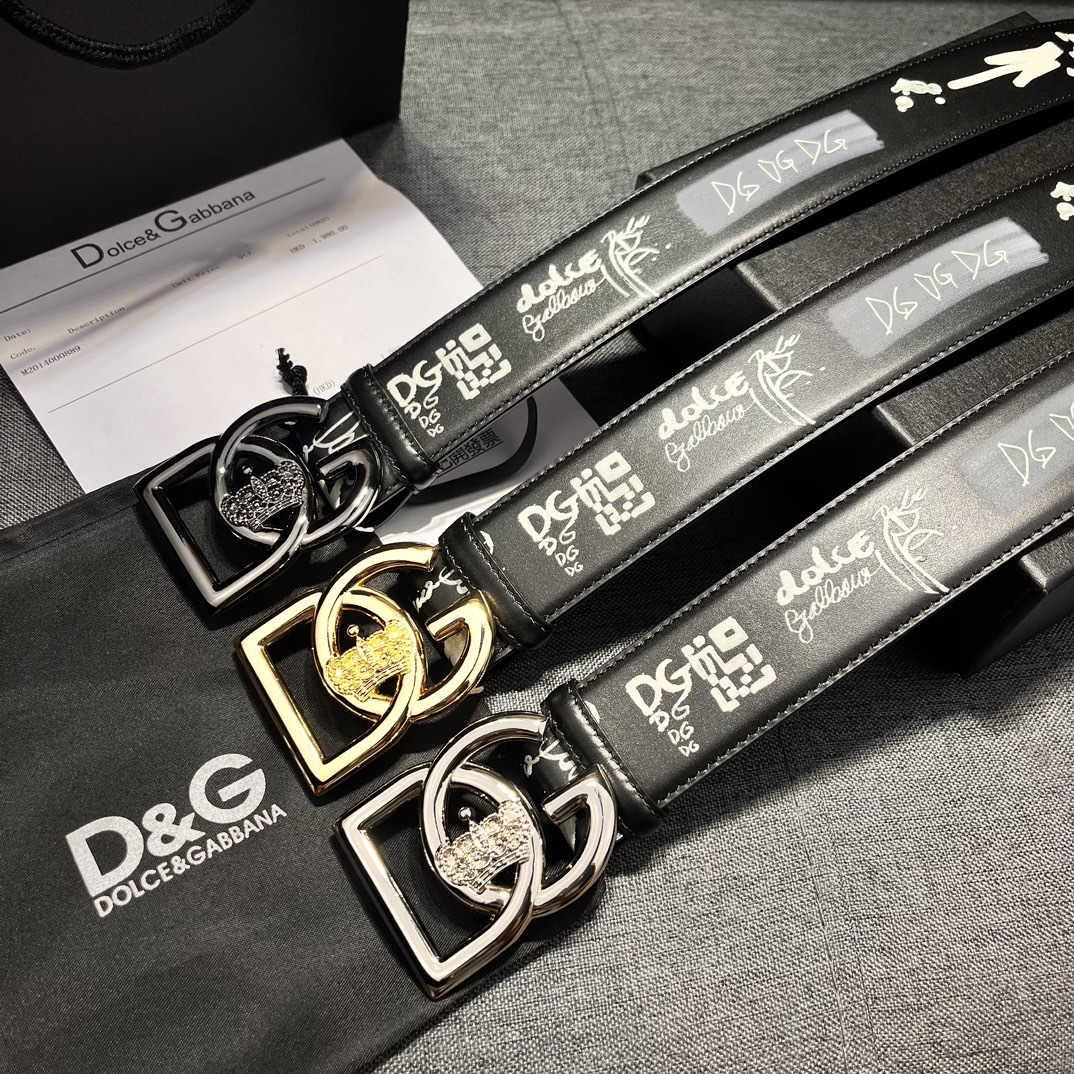 DG宽4.0Dolce&Gabbana新款黑色印花小牛皮腰带摩登干练配饰缀以双色电镀金属DG徽标搭扣