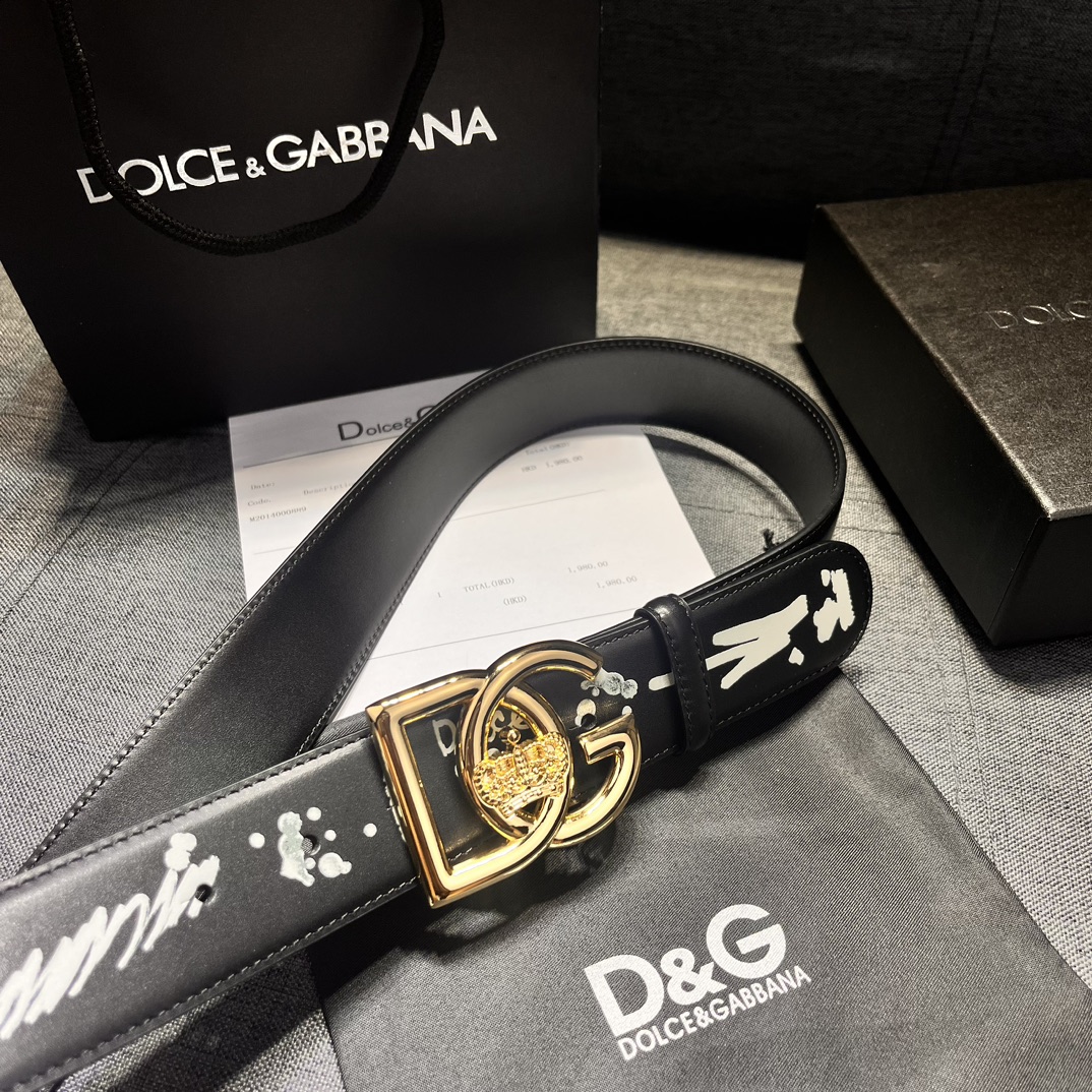 DG宽4.0Dolce&Gabbana新款黑色印花小牛皮腰带摩登干练配饰缀以双色电镀金属DG徽标搭扣